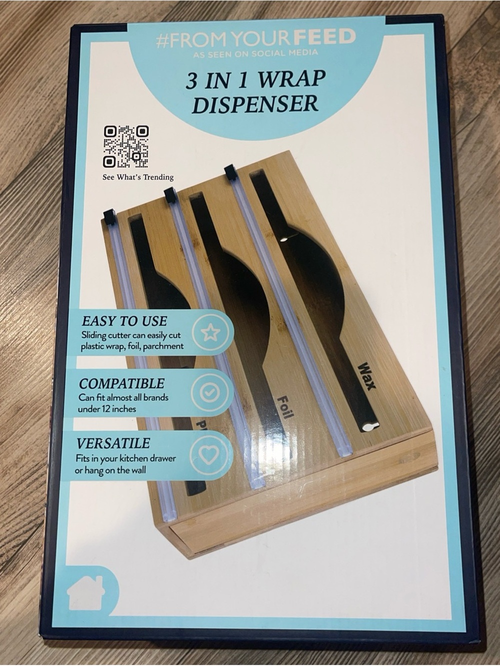 Bamboo 3-in-1 Wrap Dispenser With Cutter Plastic Wrap Foil Wax Organizer